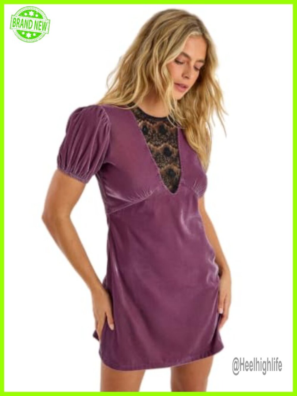 Velvet Lace Insert Puff Sleeve Mini Dress Empire Waist Party